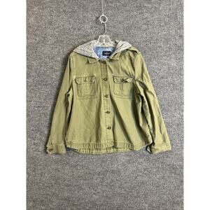 American Eagle Womens Military Style Jacket Size Large Green Hooded Button Up
